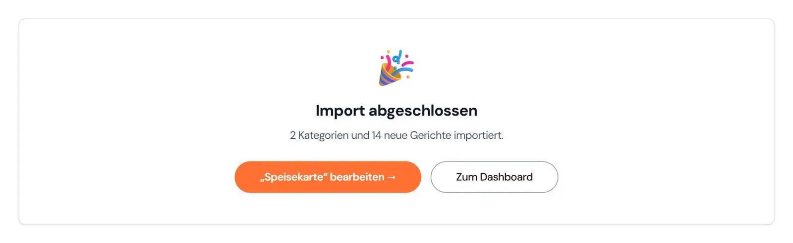 Bestätigung „Import abgeschlossen“ mit Link zum Bearbeiten der Speisekarte