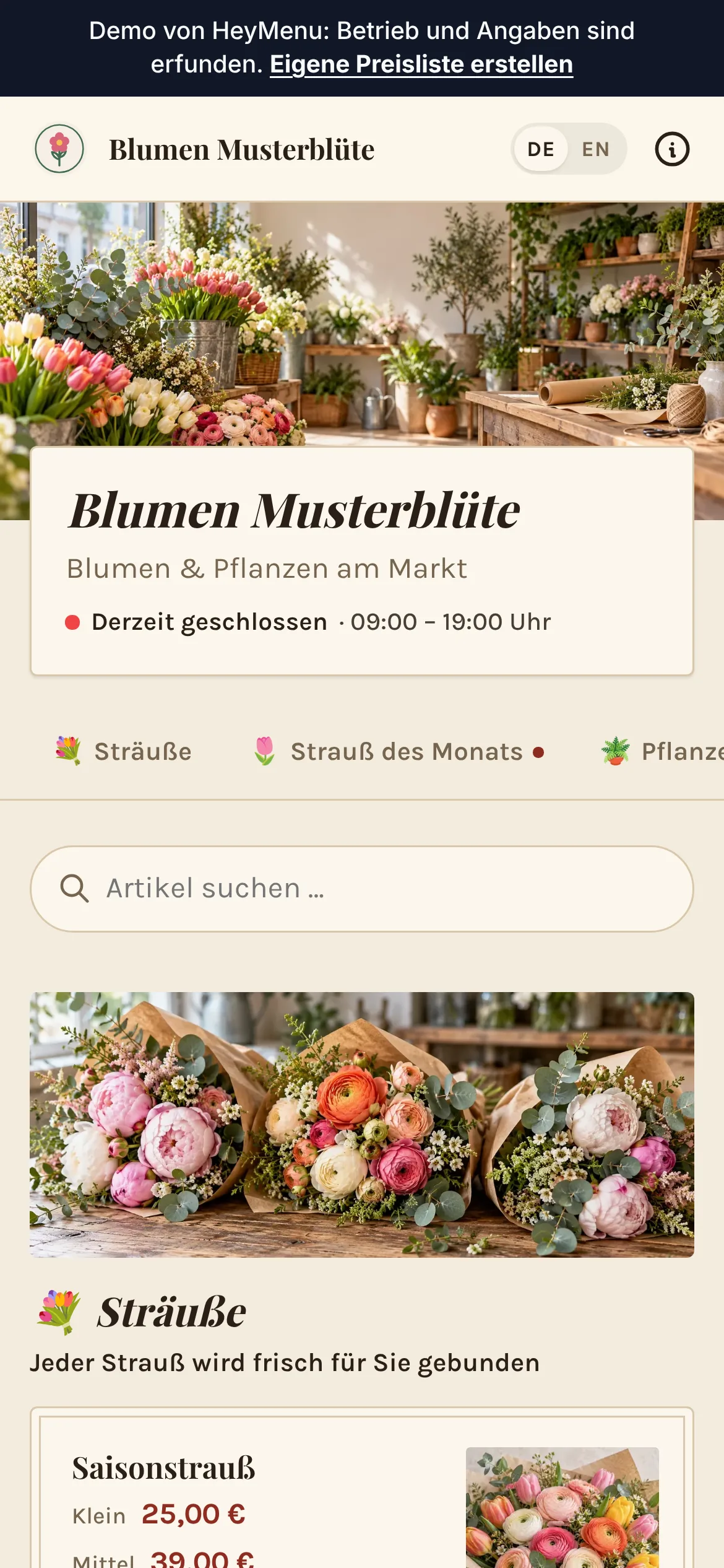 Preisliste von Blumen Musterblüte mit Größen und Ab-Preisen