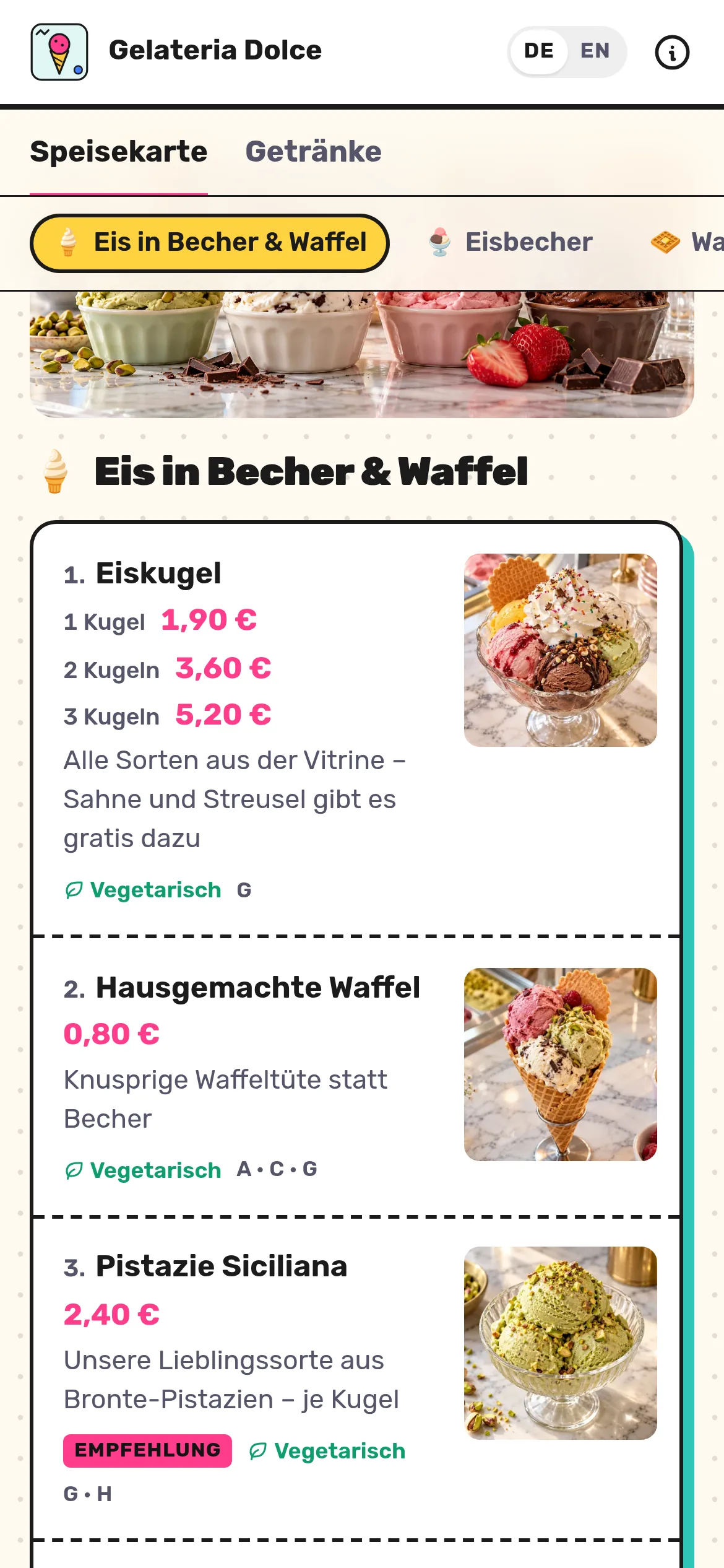 Speisekarte der Gelateria Dolce mit Kategorien und Preisen je Kugelanzahl