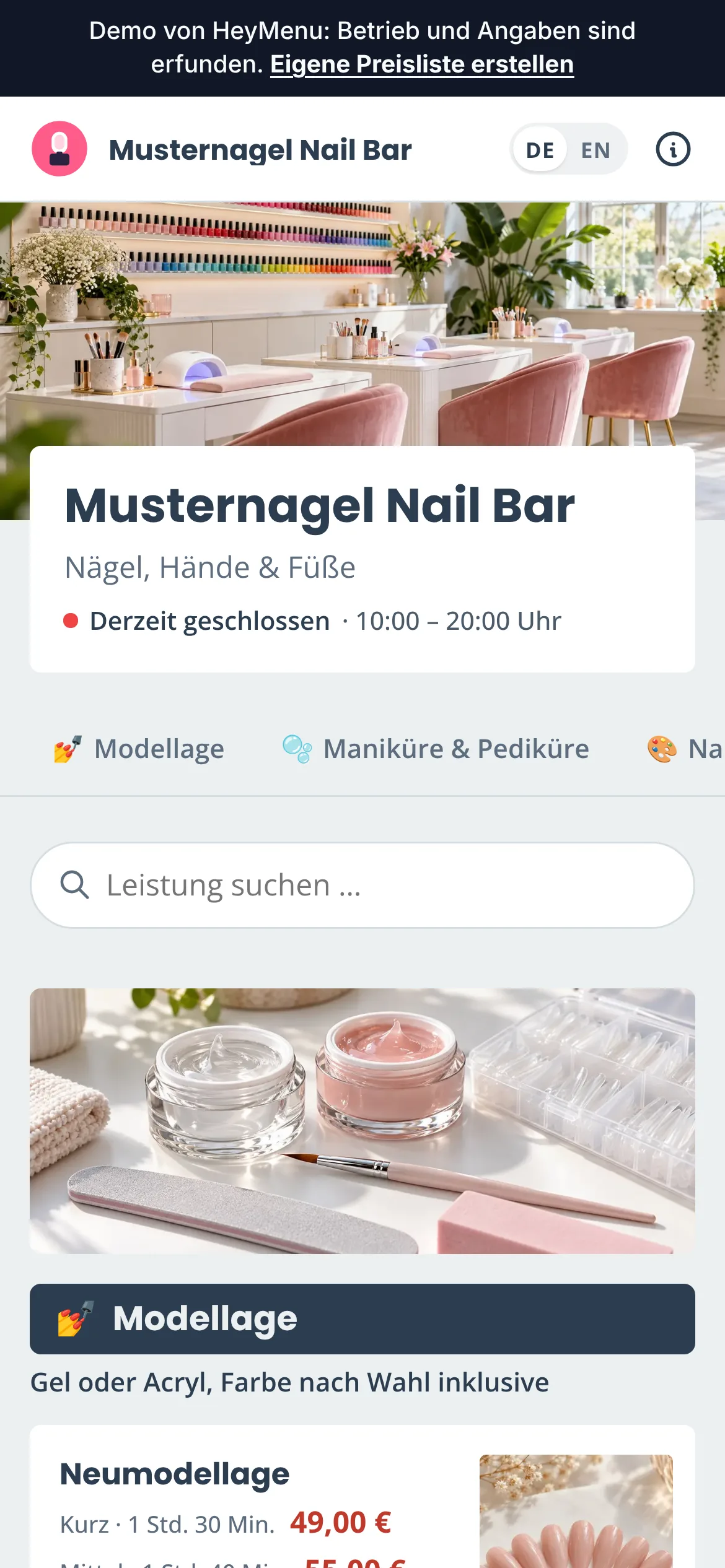 Digitale Preisliste von Musternagel Nail Bar (Nagelstudio, Demo) auf dem Smartphone