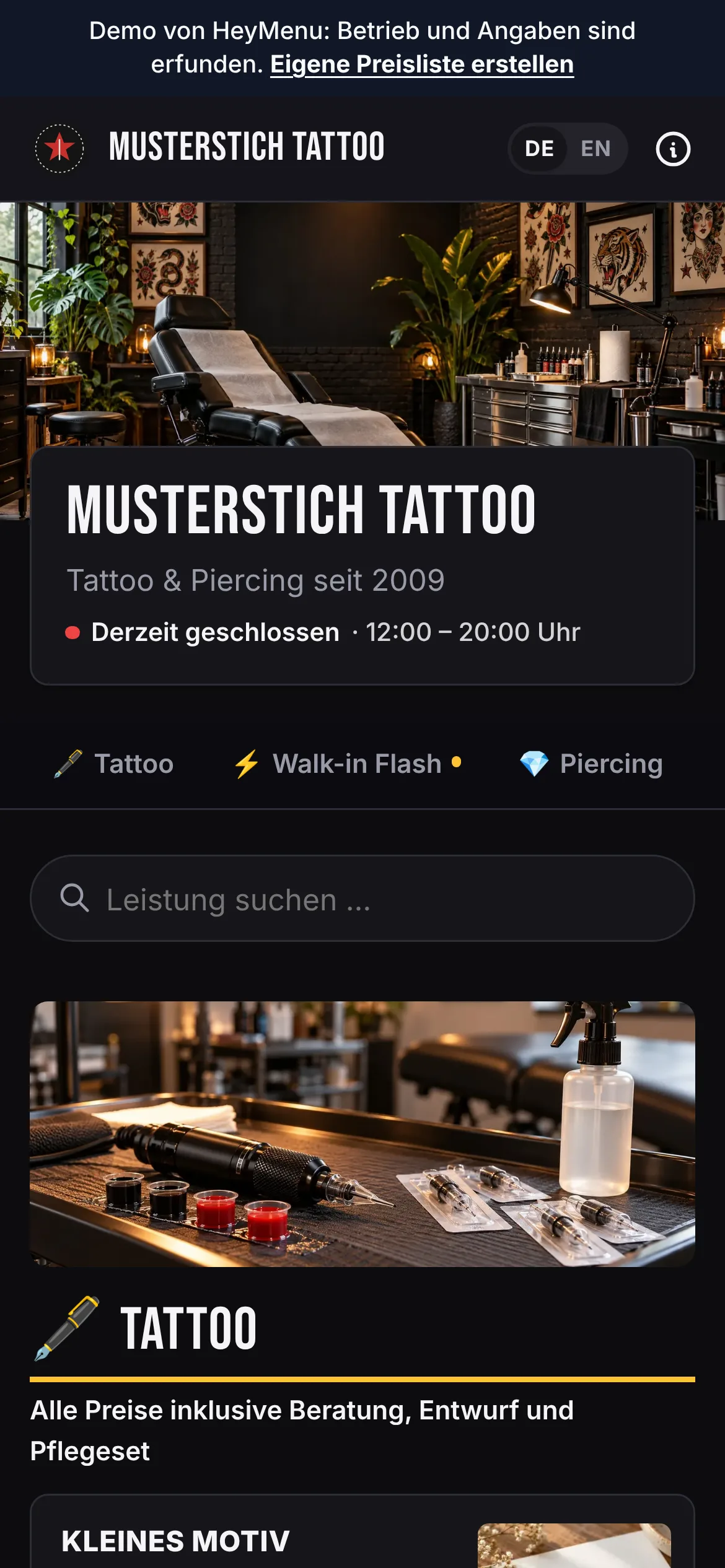 Digitale Preisliste von Musterstich Tattoo (Tattoostudio, Demo) auf dem Smartphone