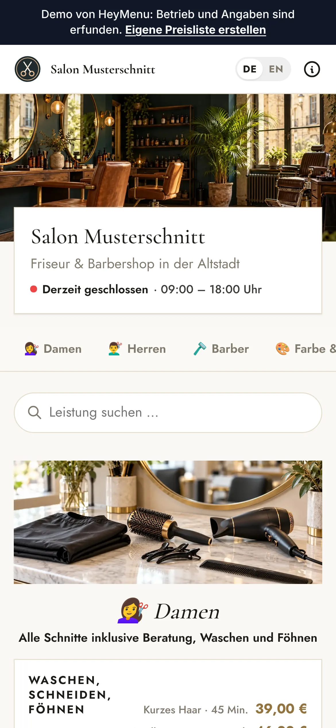 Digitale Preisliste von Salon Musterschnitt (Friseur, Demo) auf dem Smartphone