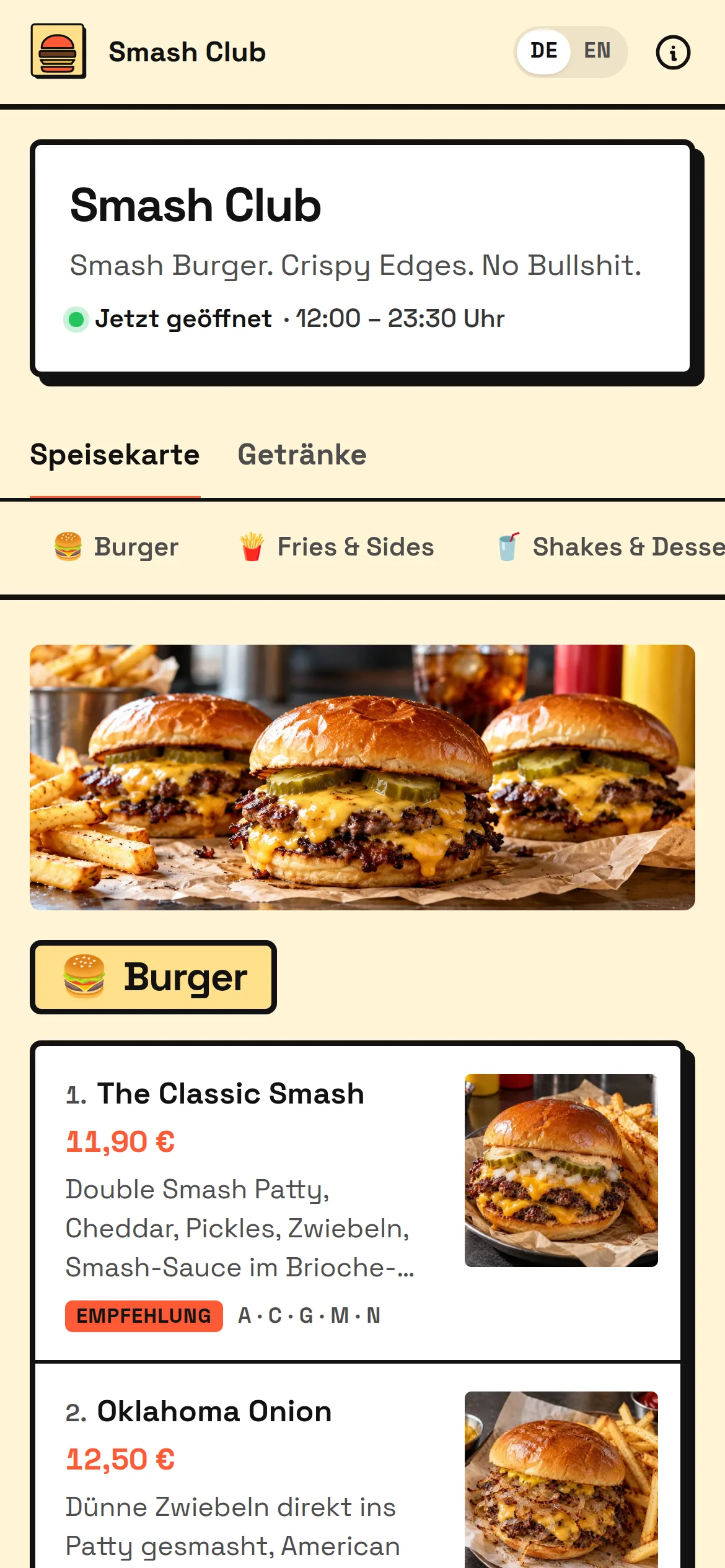 Speisekarte von Smash Club