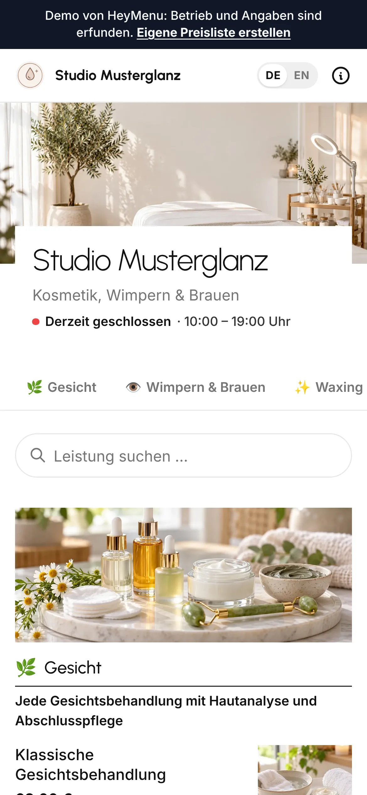 Digitale Preisliste von Studio Musterglanz (Kosmetikstudio, Demo) auf dem Smartphone