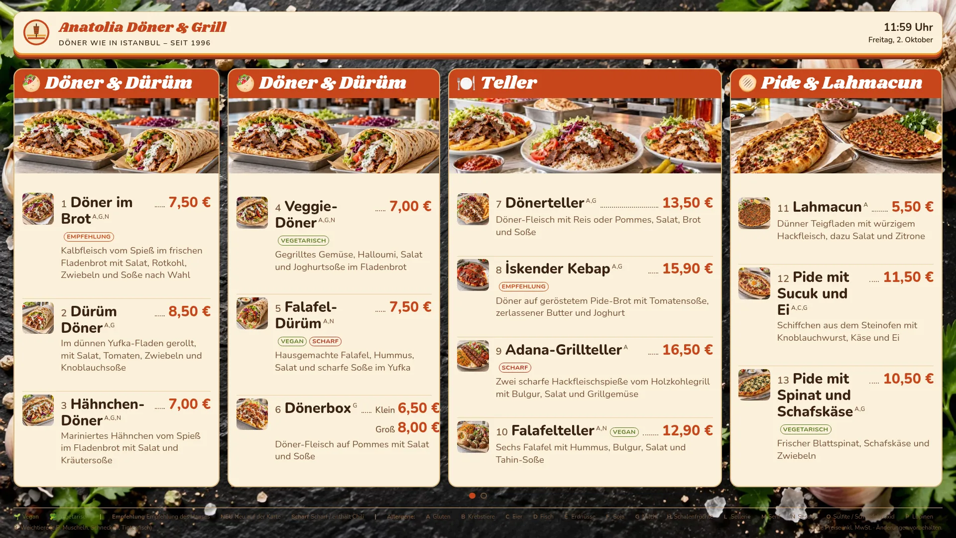 Menüboard von Anatolia Döner & Grill mit Kategorie-Spalten