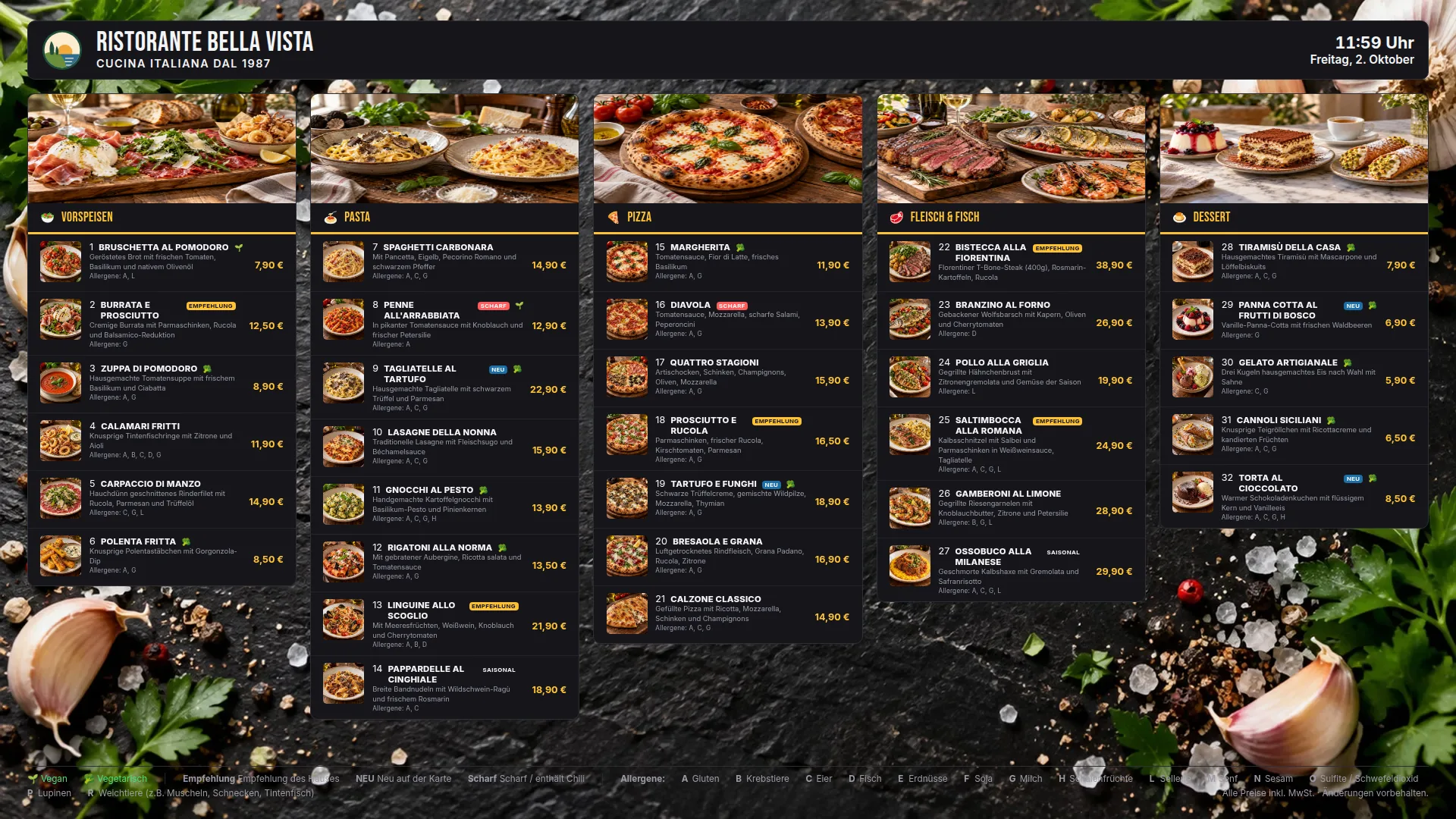 TV-Menüboard mit der Speisekarte von Ristorante Bella Vista