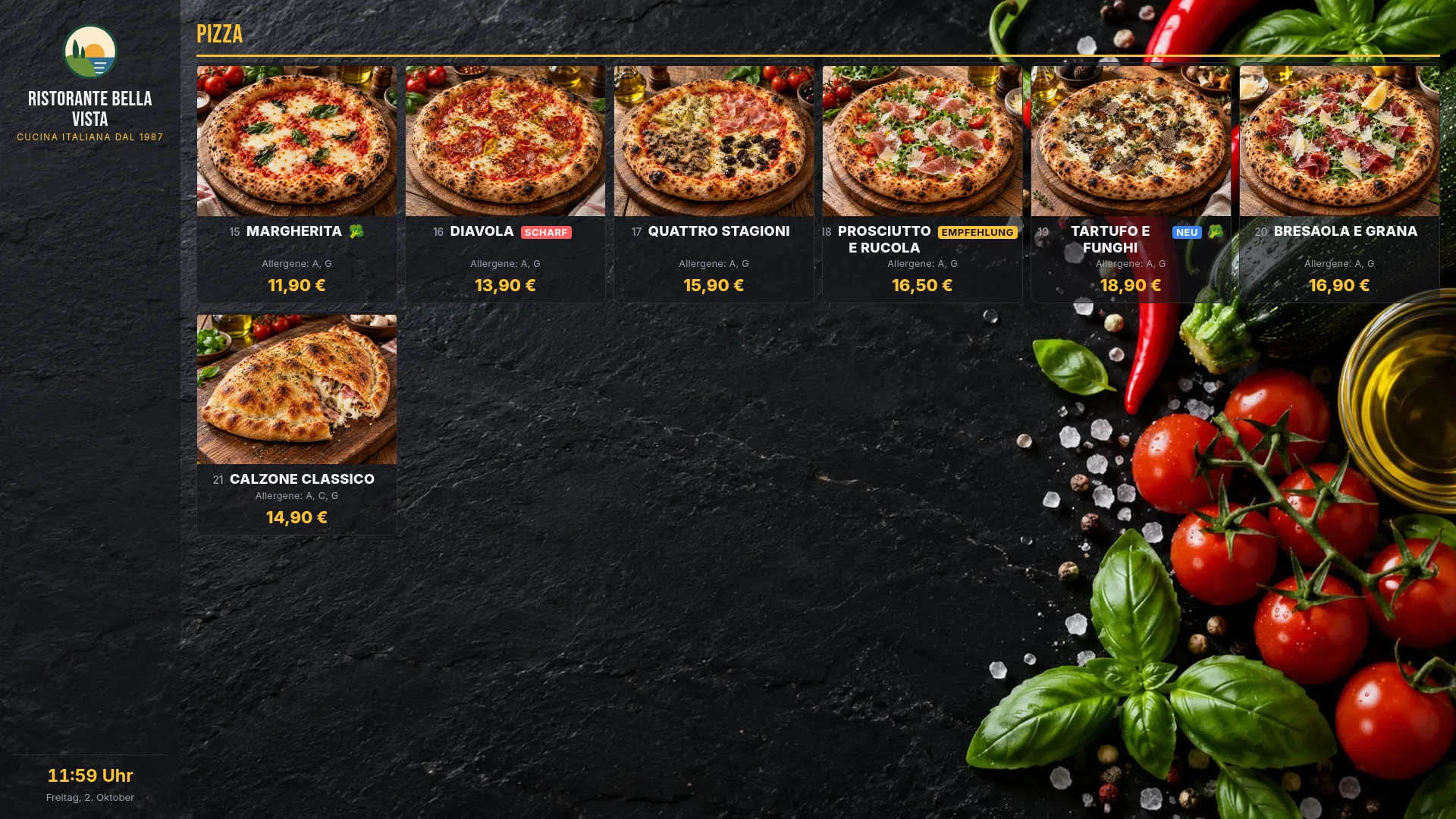 Menüboard im Layout „Großes Menü“ mit Pizza-Fotos