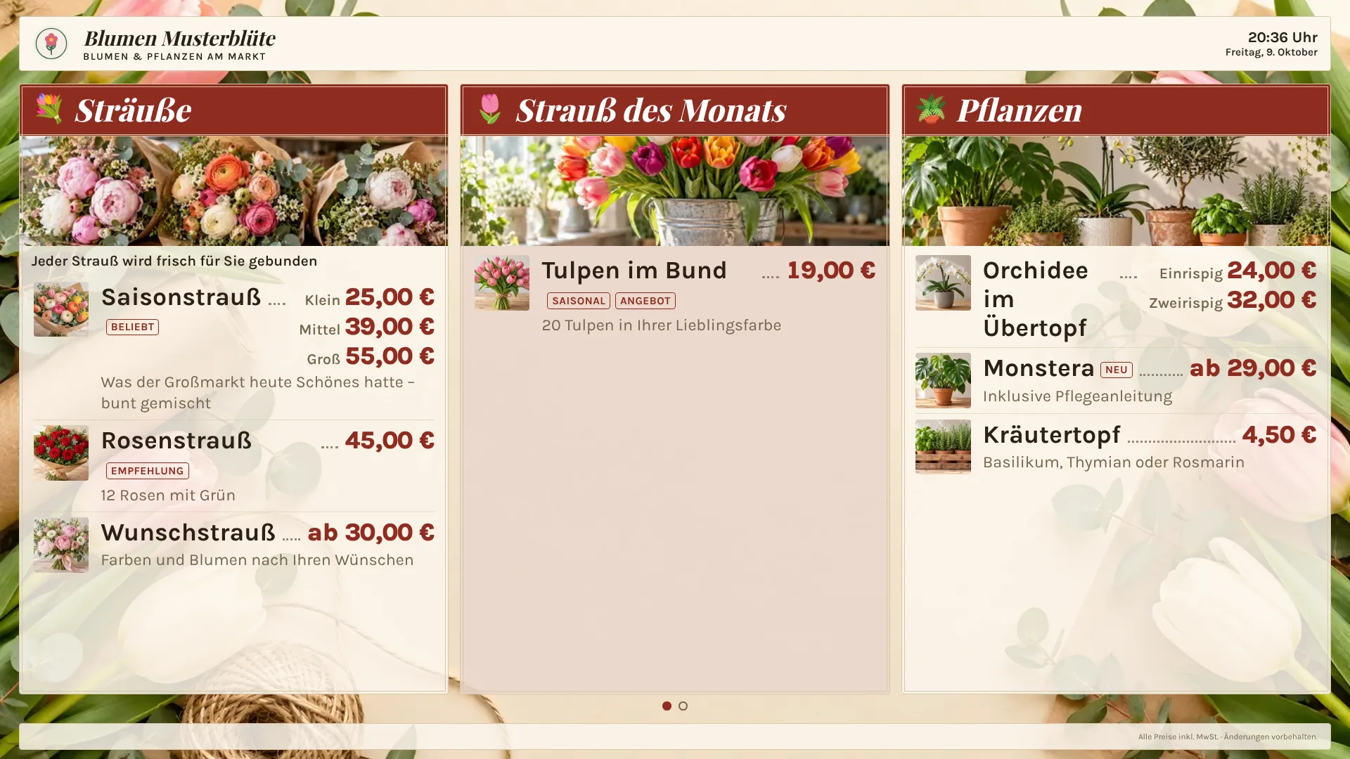 Preisliste von Blumen Musterblüte (Blumenladen, Demo) auf einem Bildschirm
