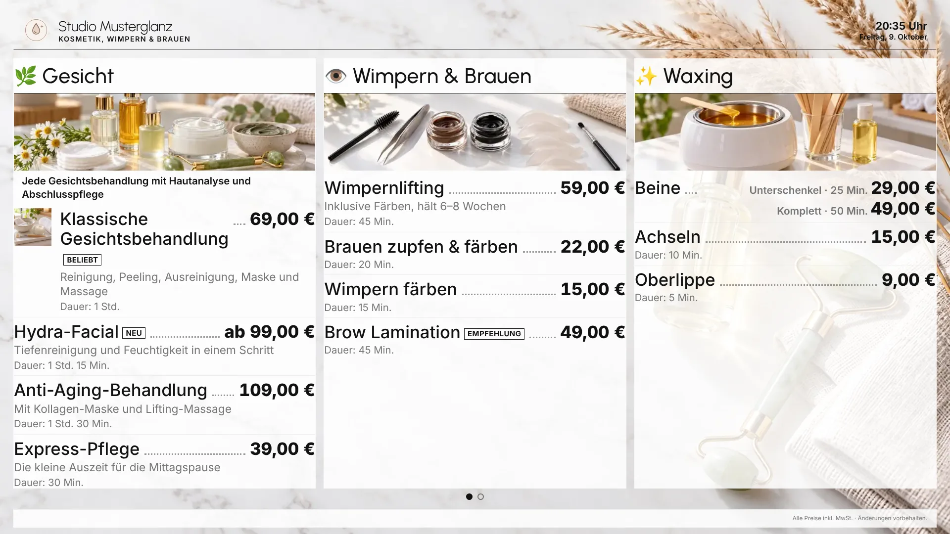 Preisliste von Studio Musterglanz (Kosmetikstudio, Demo) auf einem Bildschirm