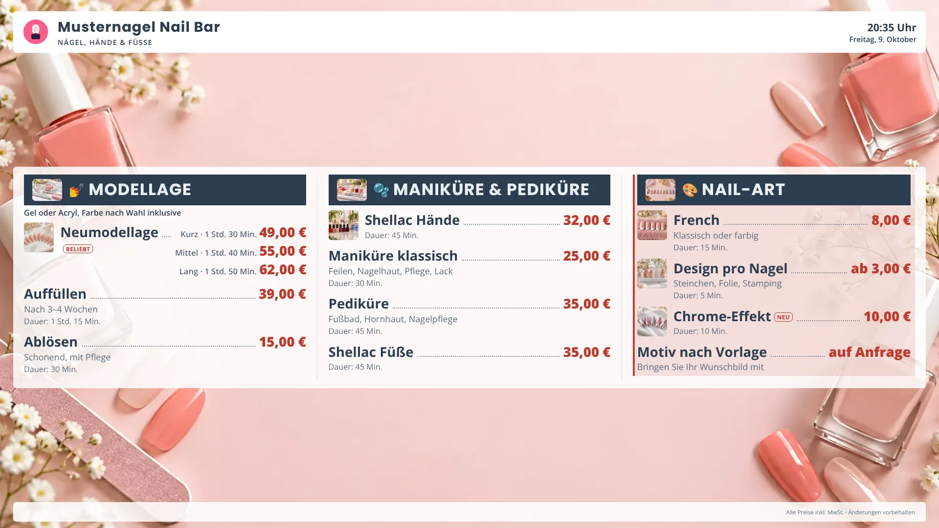 Preisliste von Musternagel Nail Bar (Nagelstudio, Demo) auf einem Bildschirm