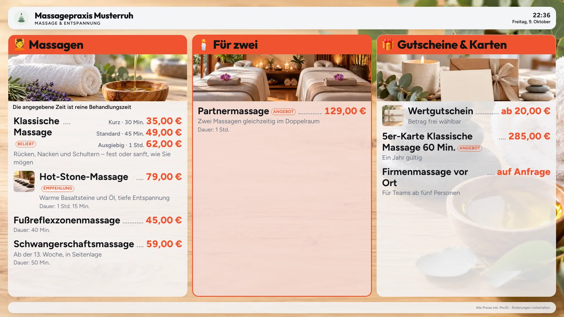 Preisliste von Massagepraxis Musterruh (Massagepraxis, Demo) auf einem Bildschirm