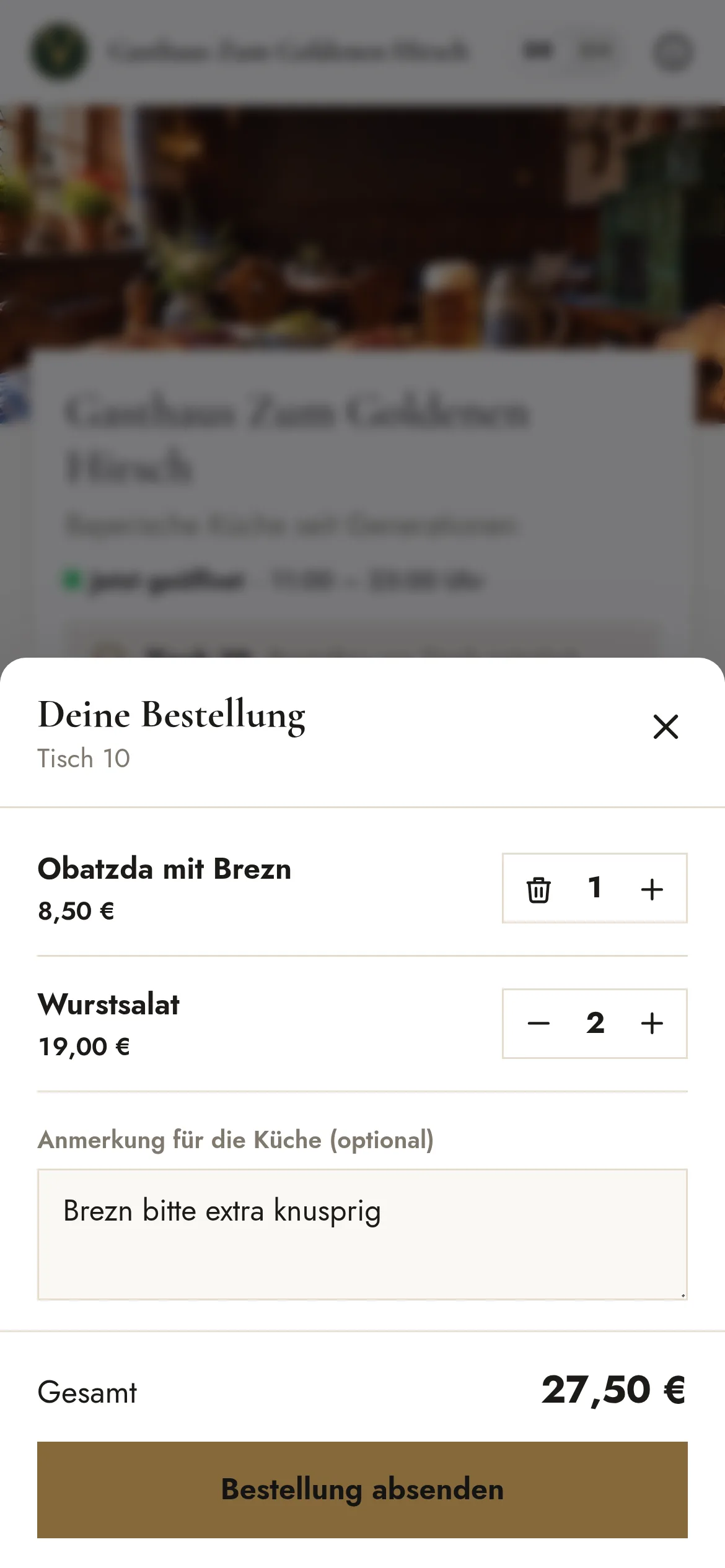 Warenkorb mit Anmerkung an die Küche