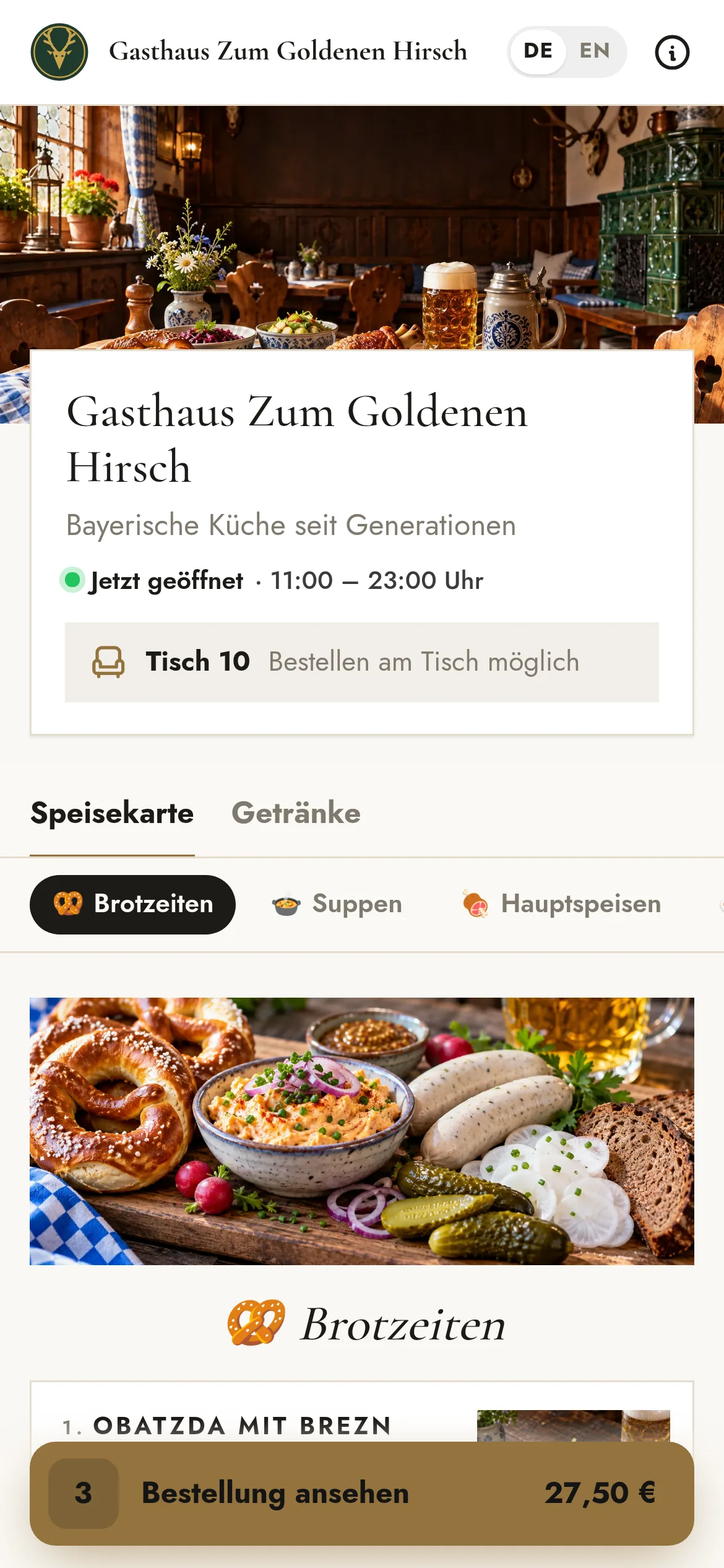 Speisekarte an Tisch 10 mit Plus-Buttons und Warenkorb