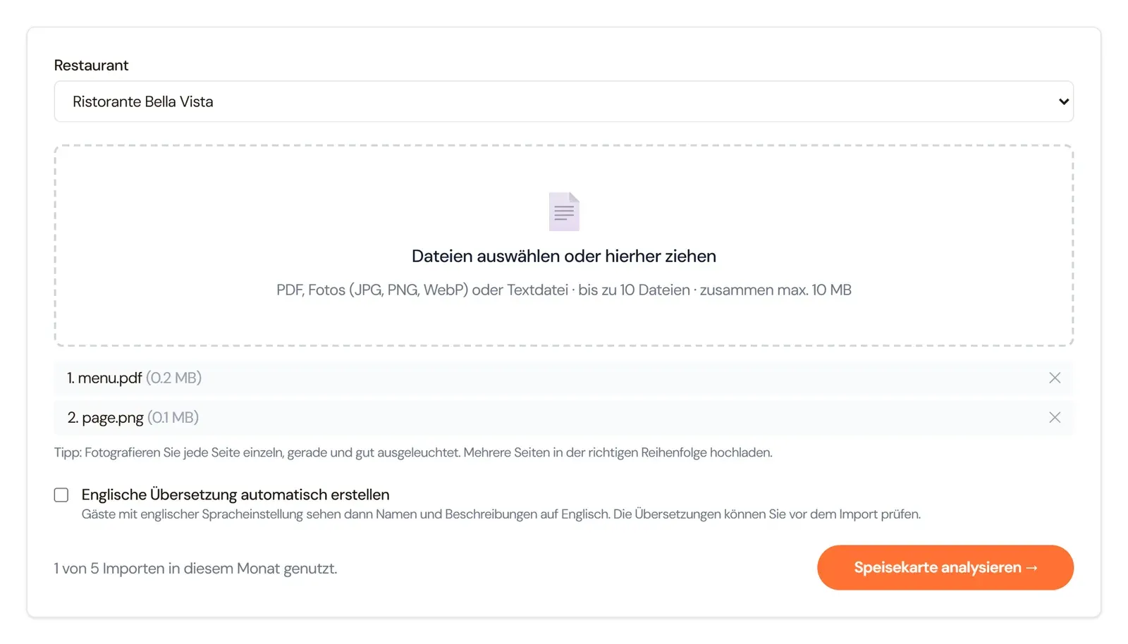 Upload-Seite mit Restaurantauswahl, zwei ausgewählten Dateien und dem Knopf „Speisekarte analysieren“
