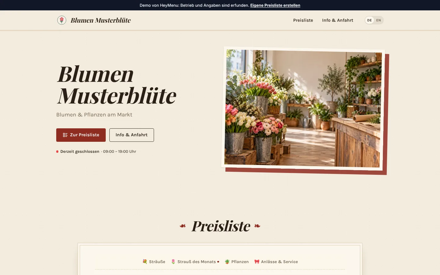 Webseite von Blumen Musterblüte im Design „Bistro“