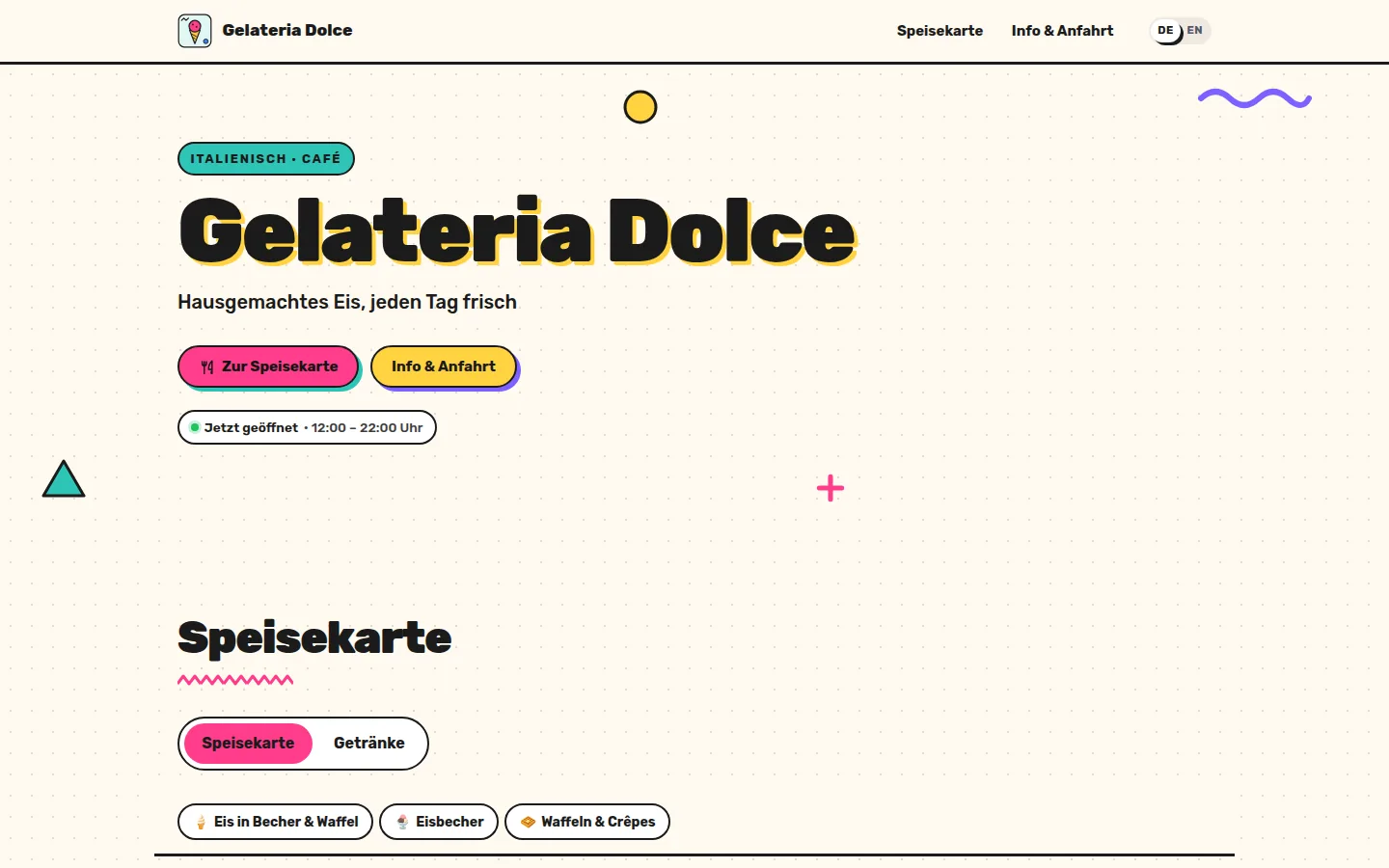 Webseite von Gelateria Dolce im Design „Memphis“