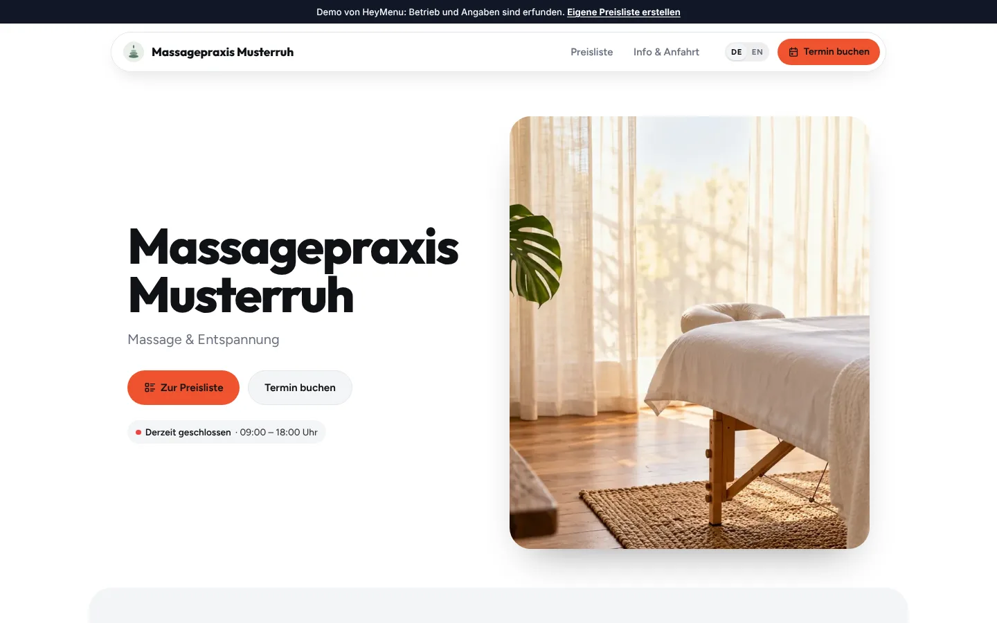 Webseite von Massagepraxis Musterruh im Design „Modern“