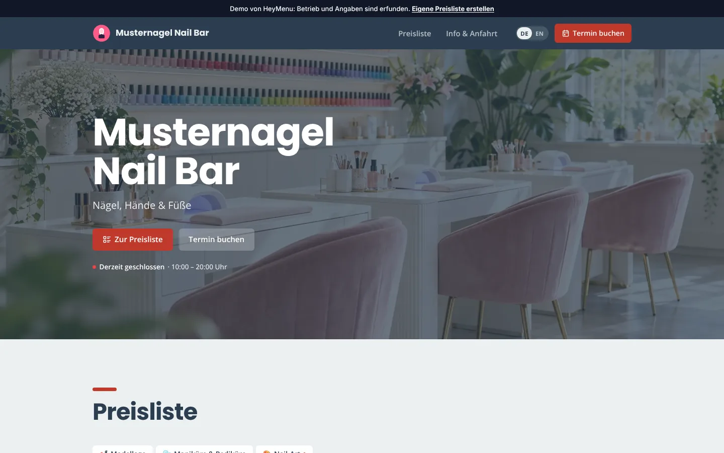 Webseite von Musternagel Nail Bar (Nagelstudio, Demo) mit Öffnungszeiten und Preisliste