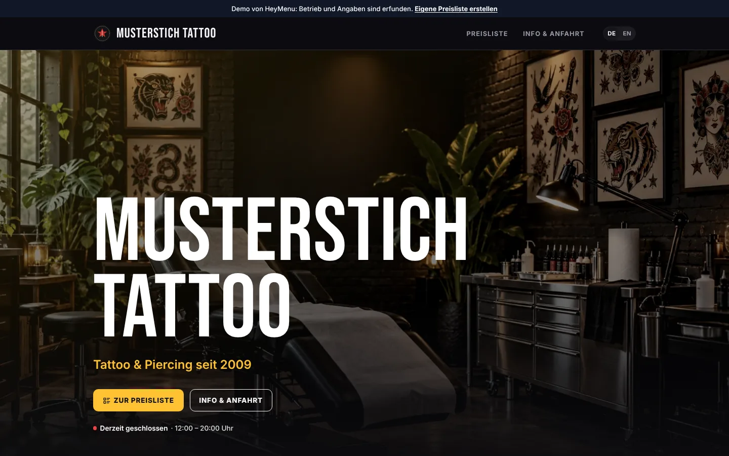 Webseite von Musterstich Tattoo im Design „Bold“