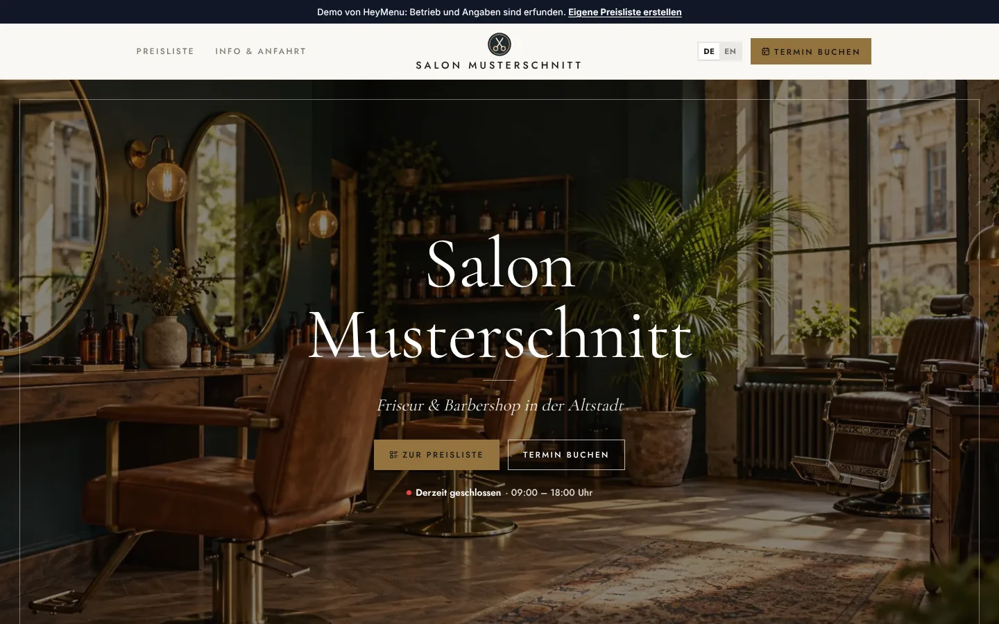 Webseite von Salon Musterschnitt (Friseur, Demo) mit Öffnungszeiten und Preisliste