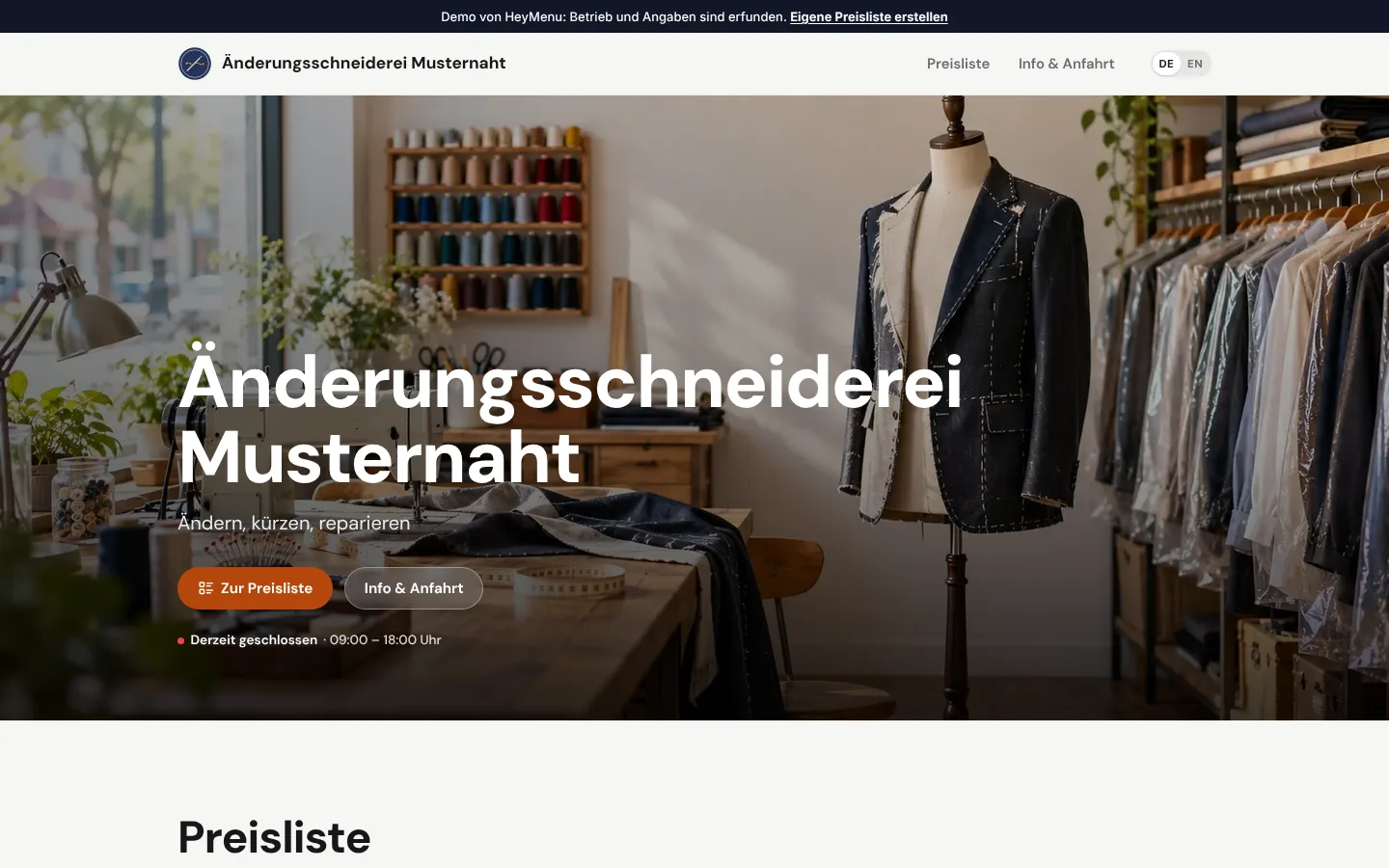 Webseite von Änderungsschneiderei Musternaht im Design „Standard“
