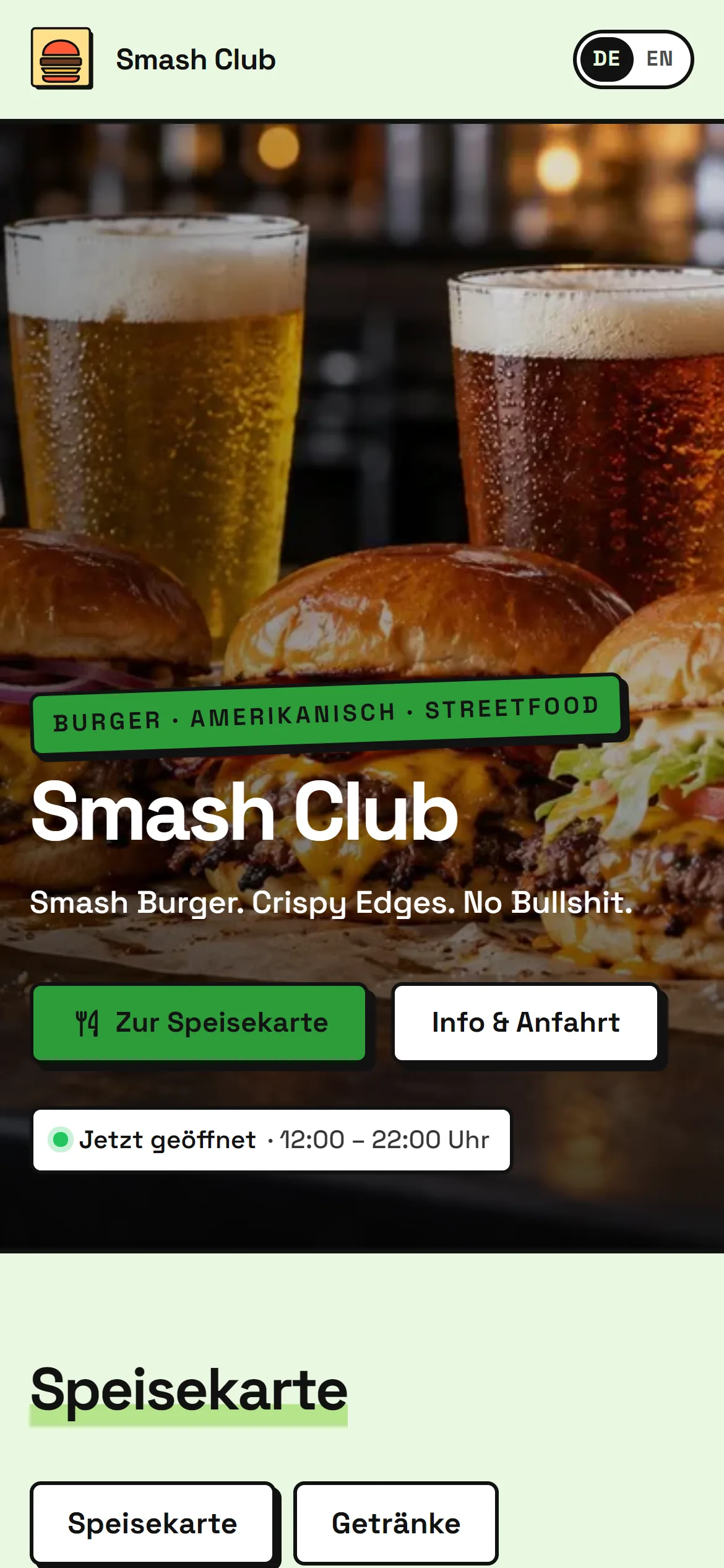 Webseite von Smash Club im Design „Neo“ mit der Farbpalette Grün