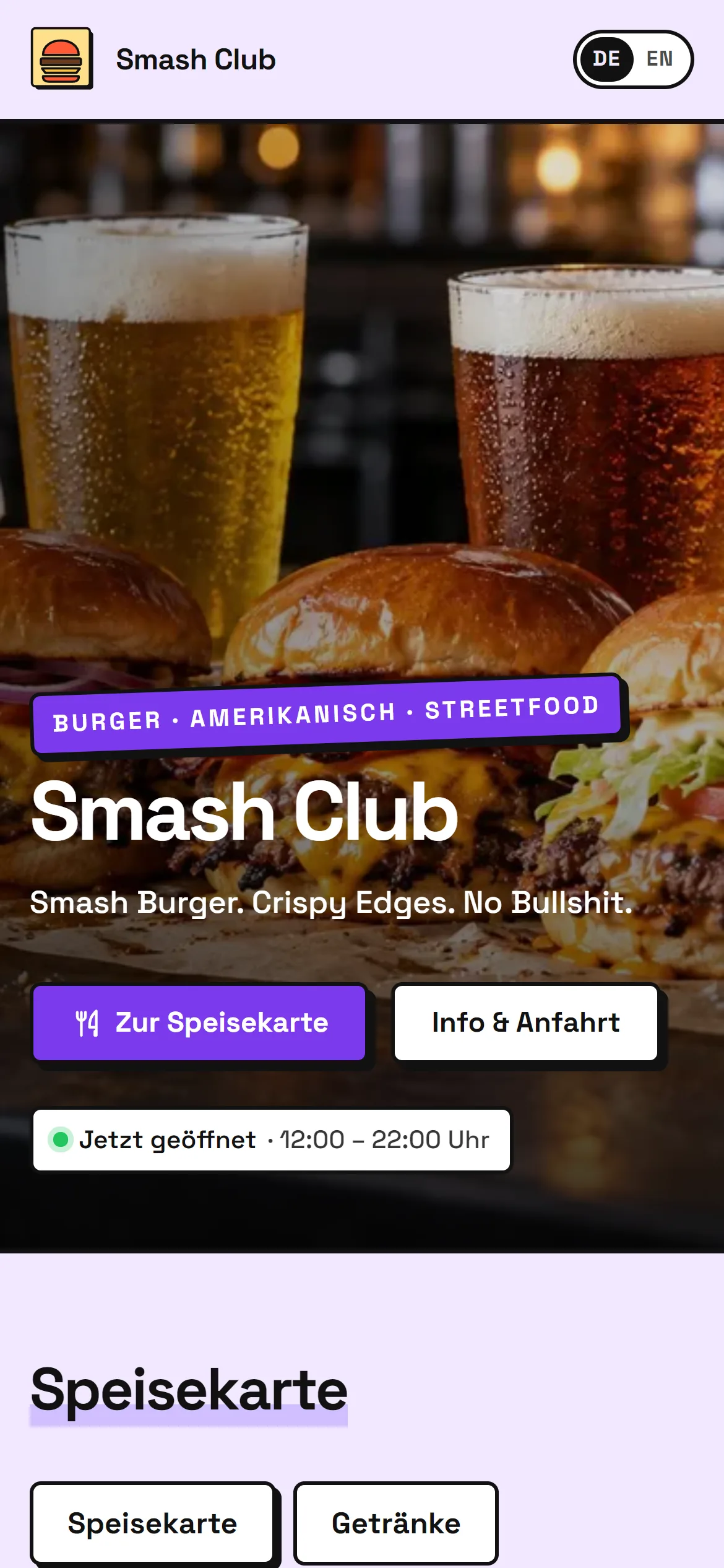 Webseite von Smash Club im Design „Neo“ mit der Farbpalette Lila